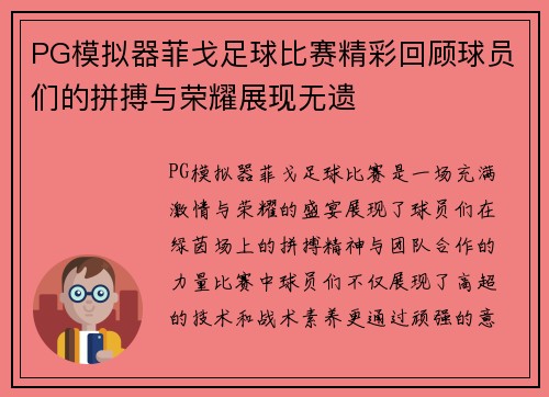 PG模拟器菲戈足球比赛精彩回顾球员们的拼搏与荣耀展现无遗